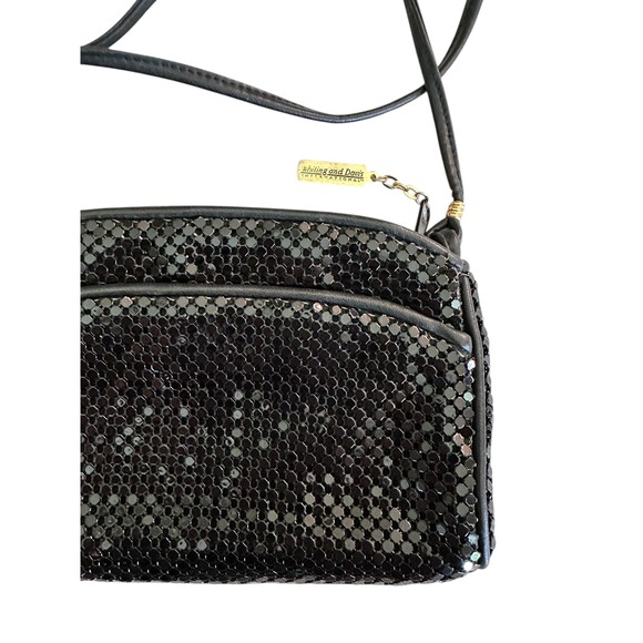 Whiting and Davis vintage black mesh metal crossbody purse on a leather strap - Picture 3 of 5